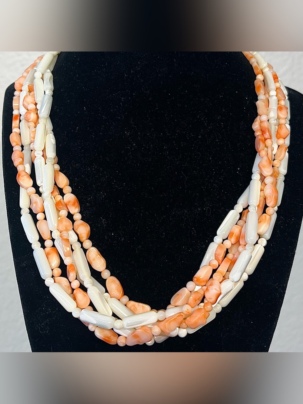 Vintage Multi-Strand Orange and Cream Beaded Necklace